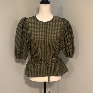 GANNI NWOT Checkered Black and Olive  top
